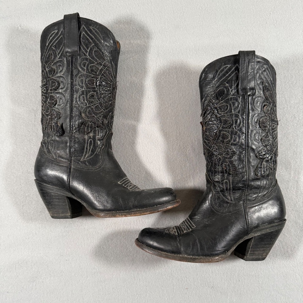 Acme Womens Black Leather Heeled Cowboy Boots Western Stitch Pointed Toe Size 8
